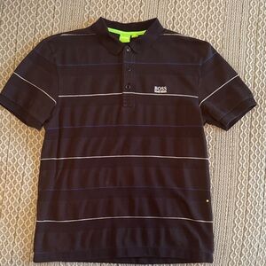 BOSS Men's Polo Shirt Black with Blue and White Stripes
